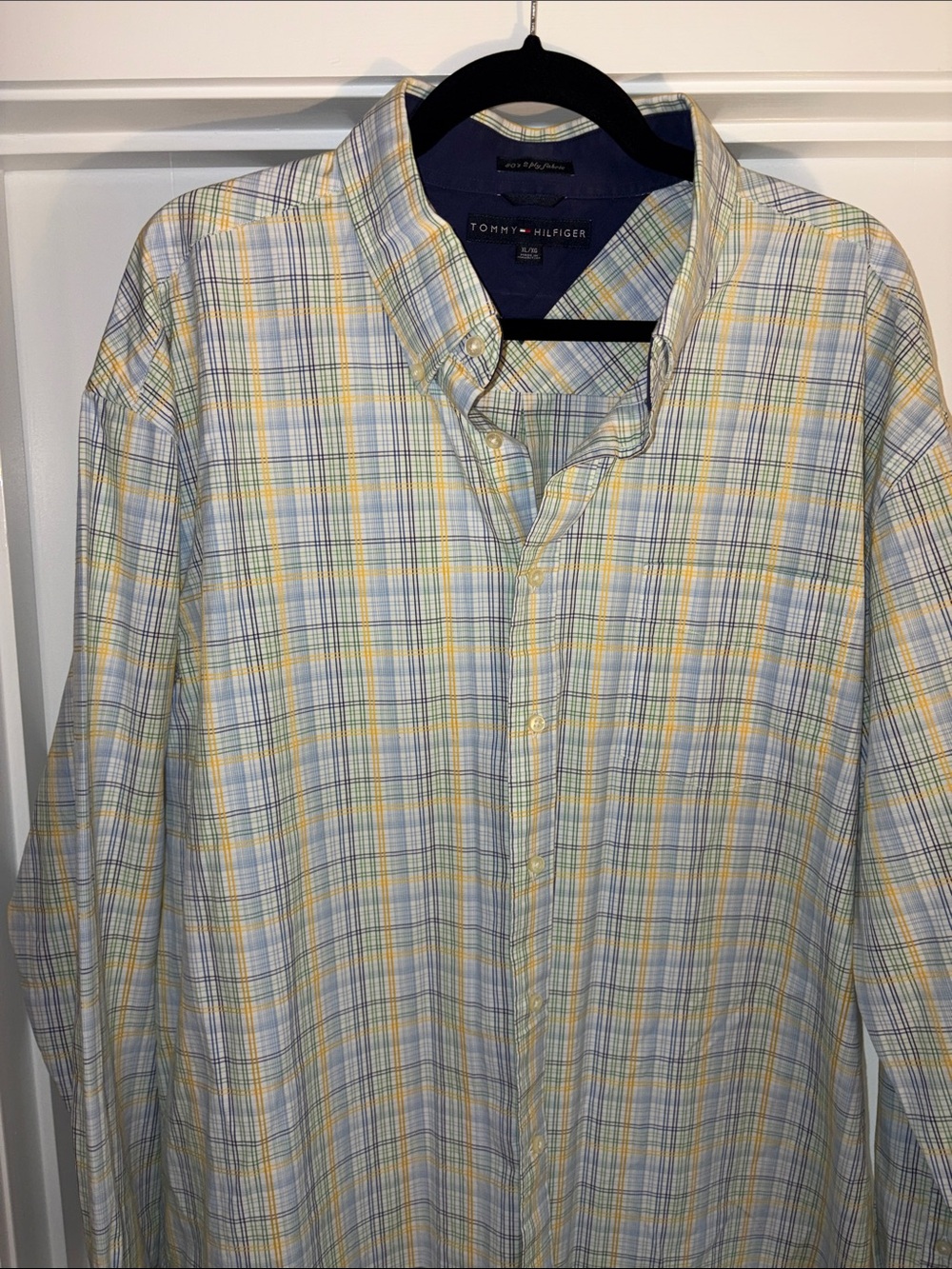 Tommy Hilfiger Men's Light Blue and Yellow Plaid Button-Down Shirt
